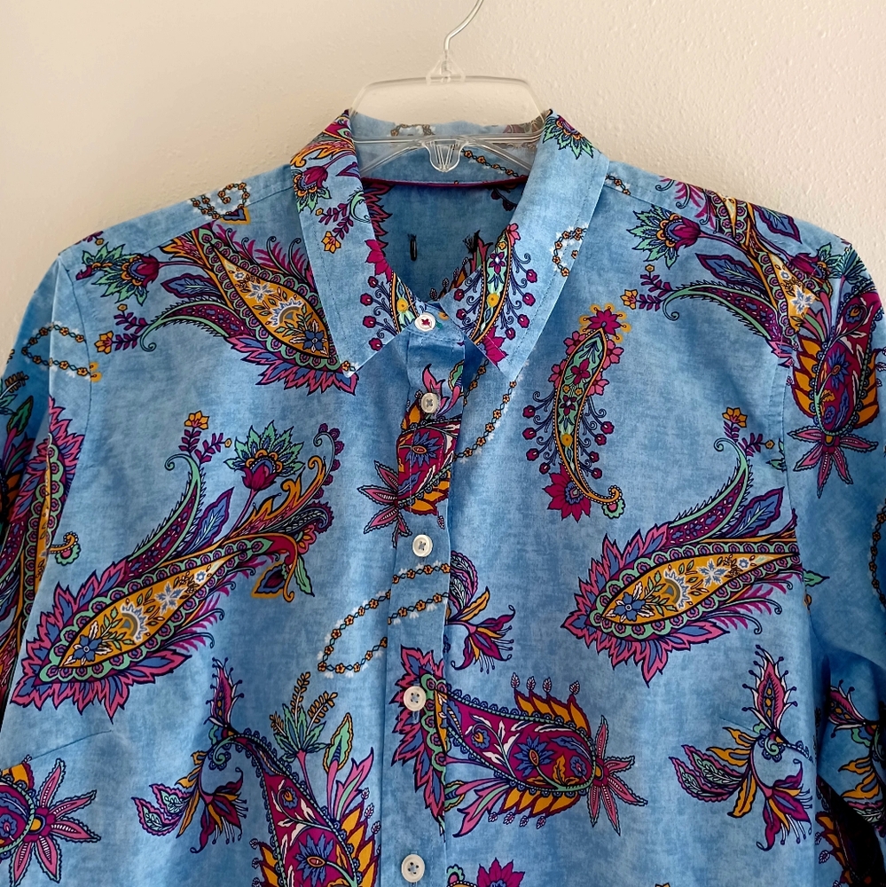 Talbots Cotton Button Front Shirt - Swirly Paisley, Size Lp - Picture 5 of 16